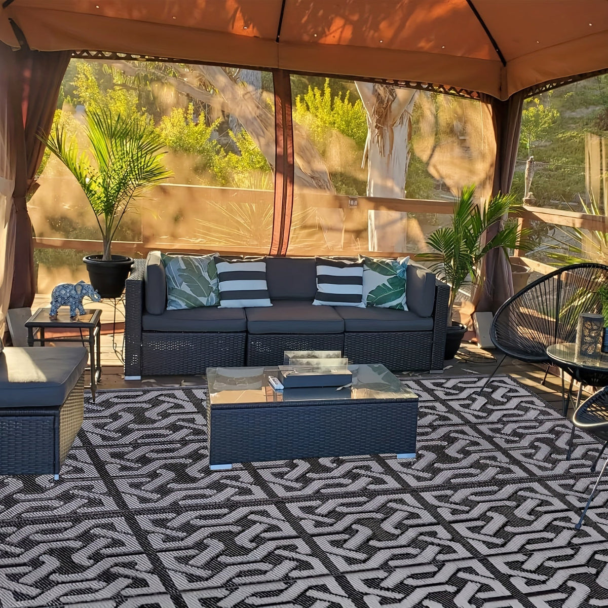 Alfombra de Exterior Reversible Geométrica Negra y Gris