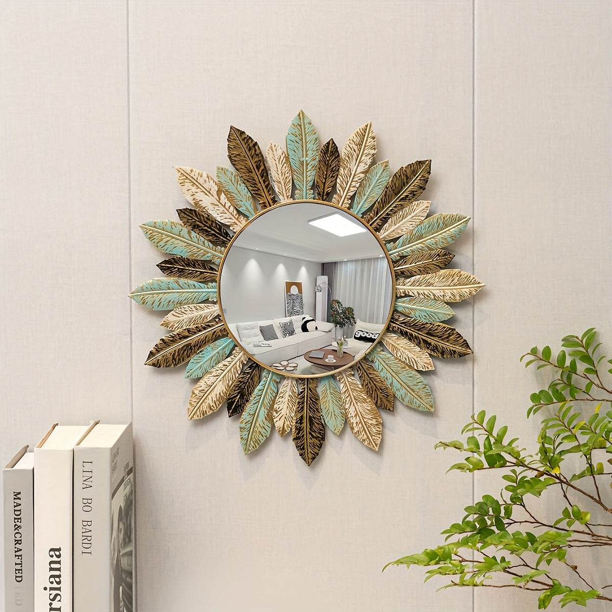 Espejo de Pared Boho Sol de Hojas Metálicas Verde y Dorado