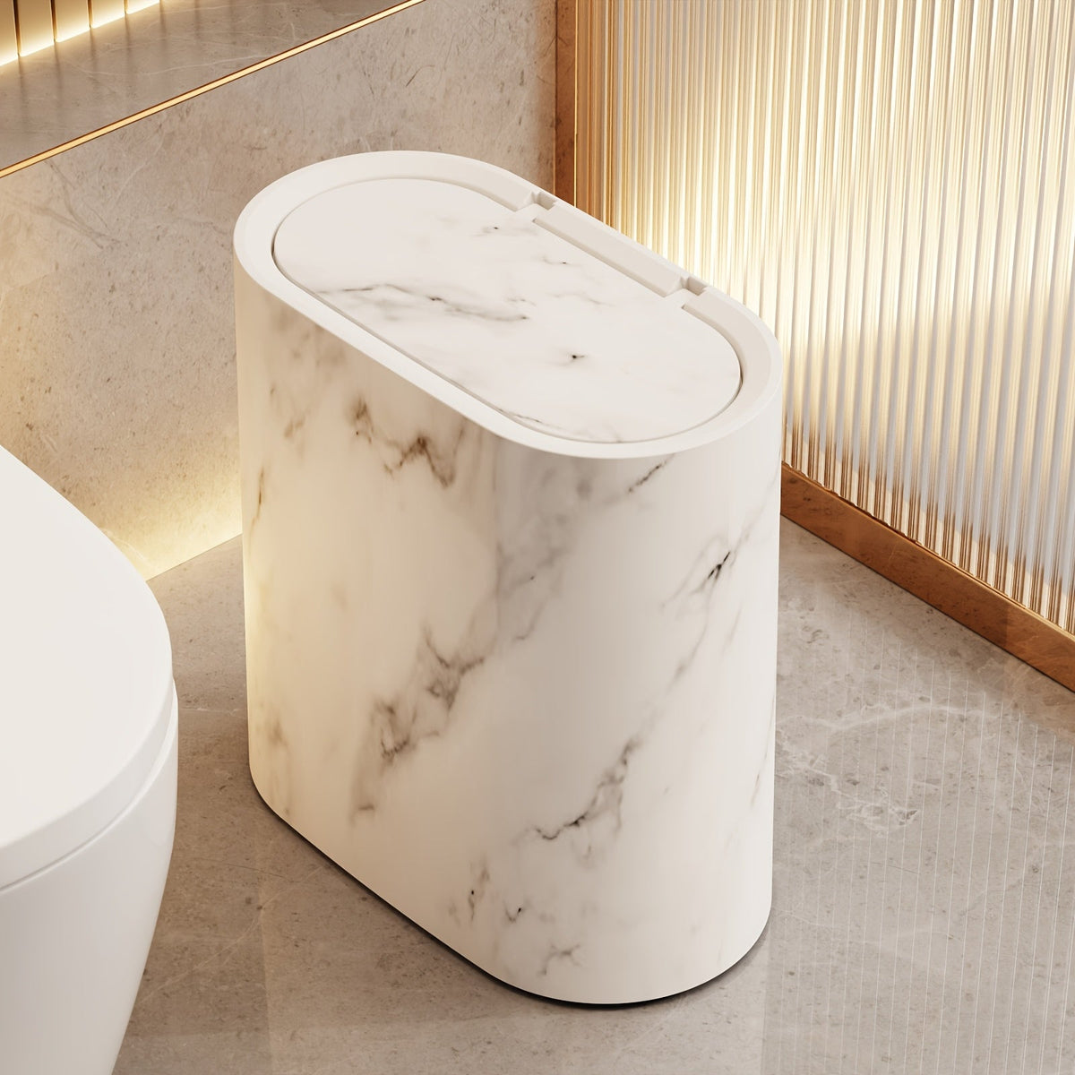 Papelera Ovalada con Tapa Efecto Mármol para Baño y Cocina