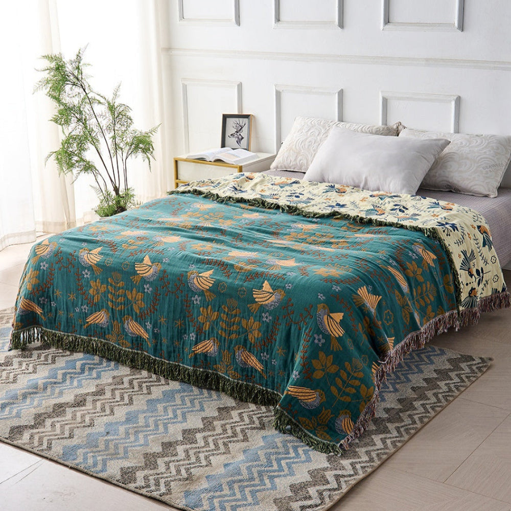 Manta Reversible con Pájaros de Estilo Escandinavo para Sofá