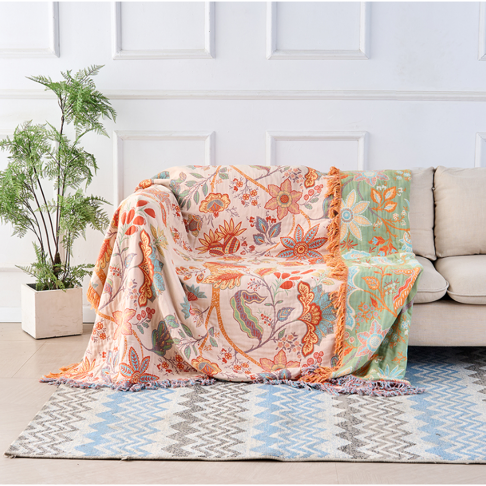 Manta Boho Floral con Flecos de Algodón para Sofá y Cama