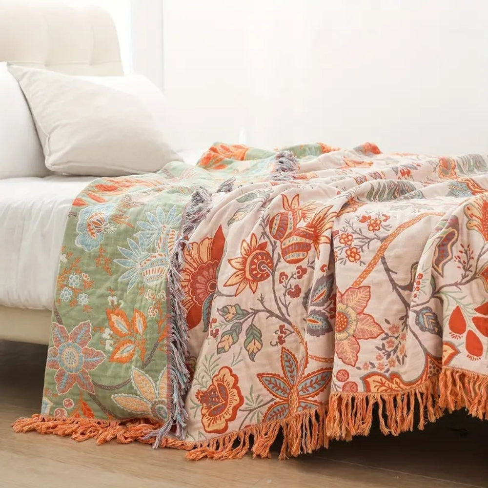 Manta Boho Floral con Flecos de Algodón para Sofá y Cama