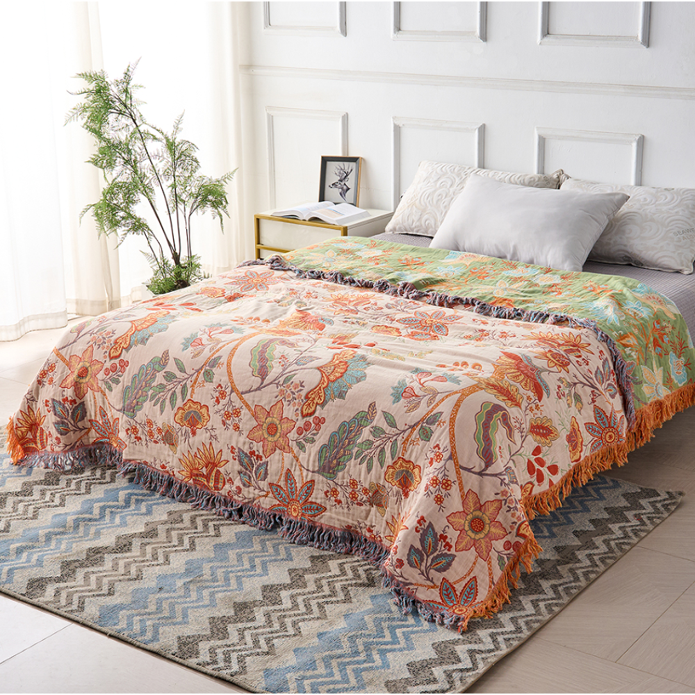 Manta Boho Floral con Flecos de Algodón para Sofá y Cama