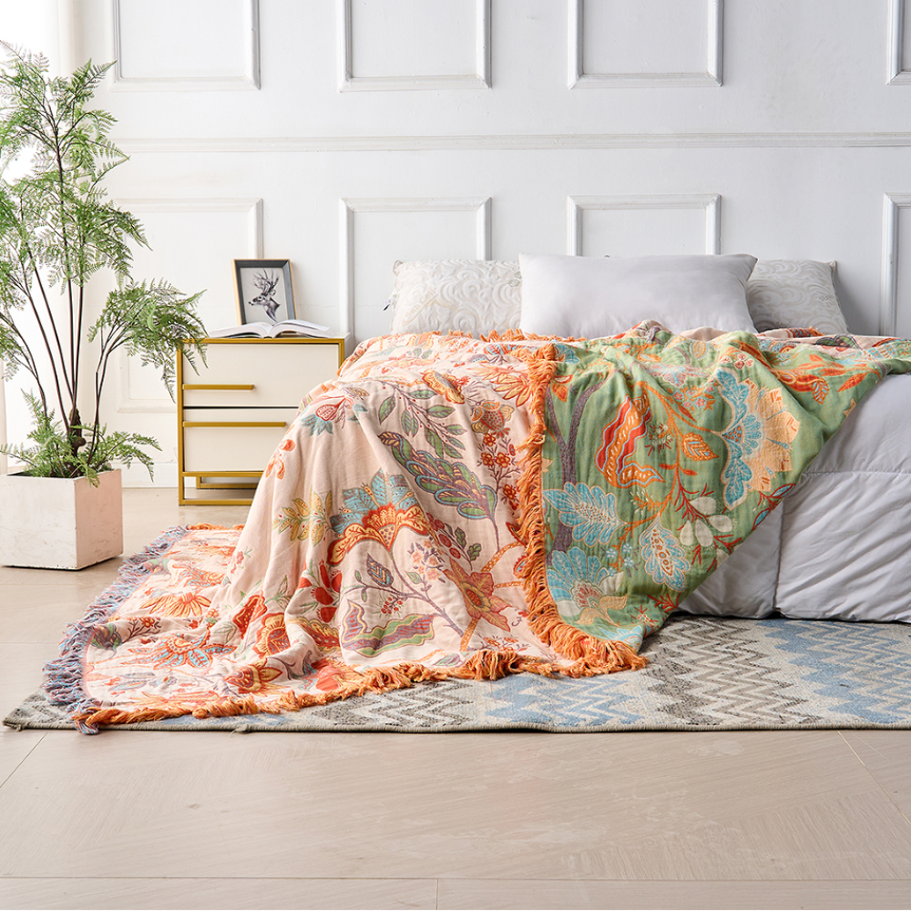 Manta Boho Floral con Flecos de Algodón para Sofá y Cama