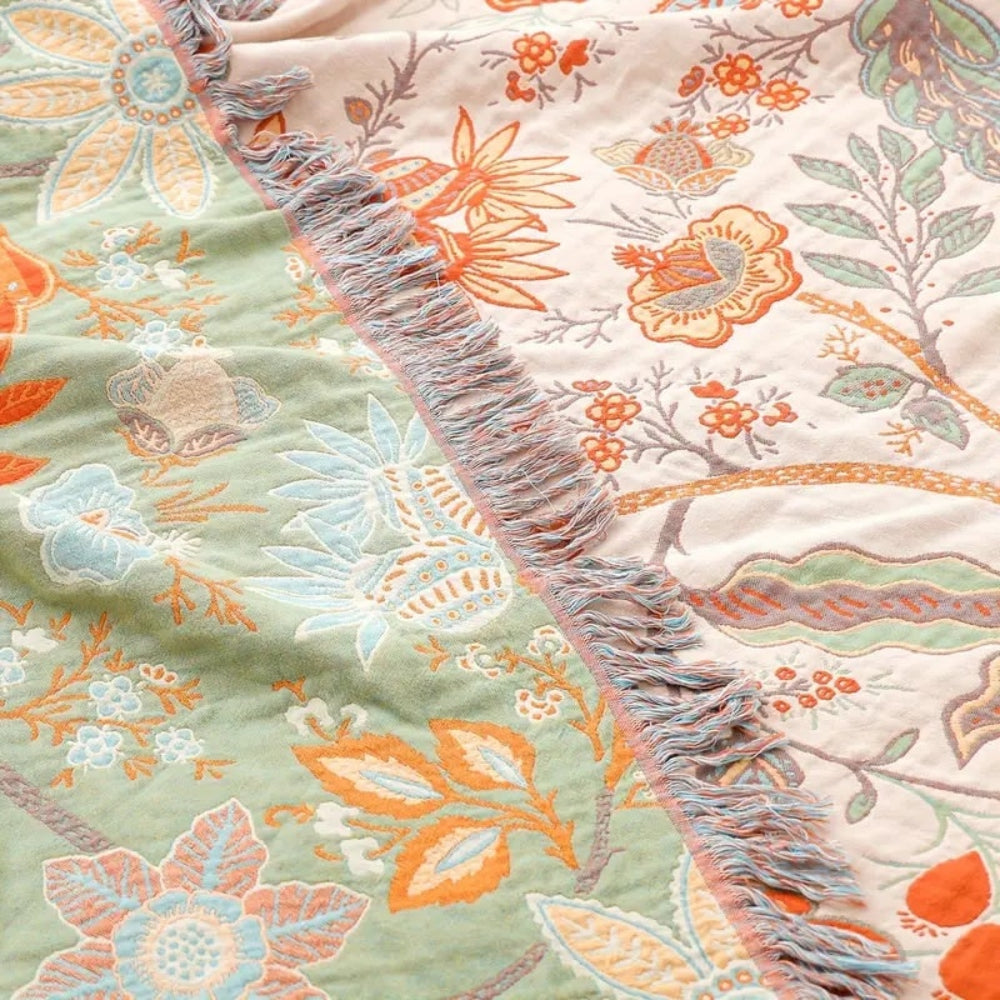 Manta Boho Floral con Flecos de Algodón para Sofá y Cama