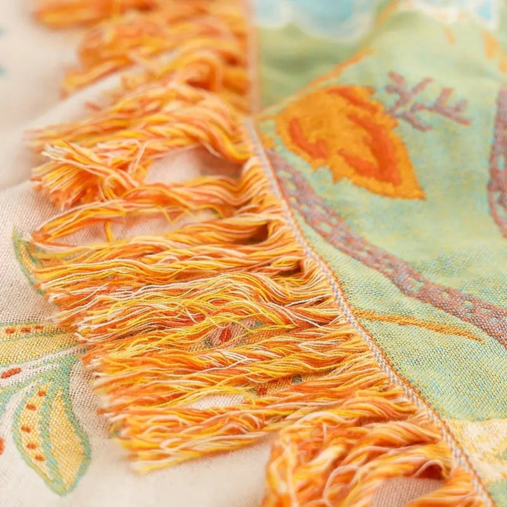 Manta Boho Floral con Flecos de Algodón para Sofá y Cama