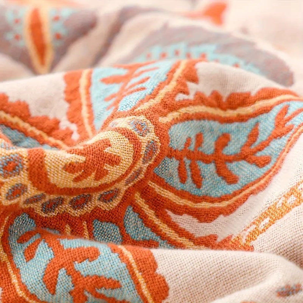 Manta Boho Floral con Flecos de Algodón para Sofá y Cama