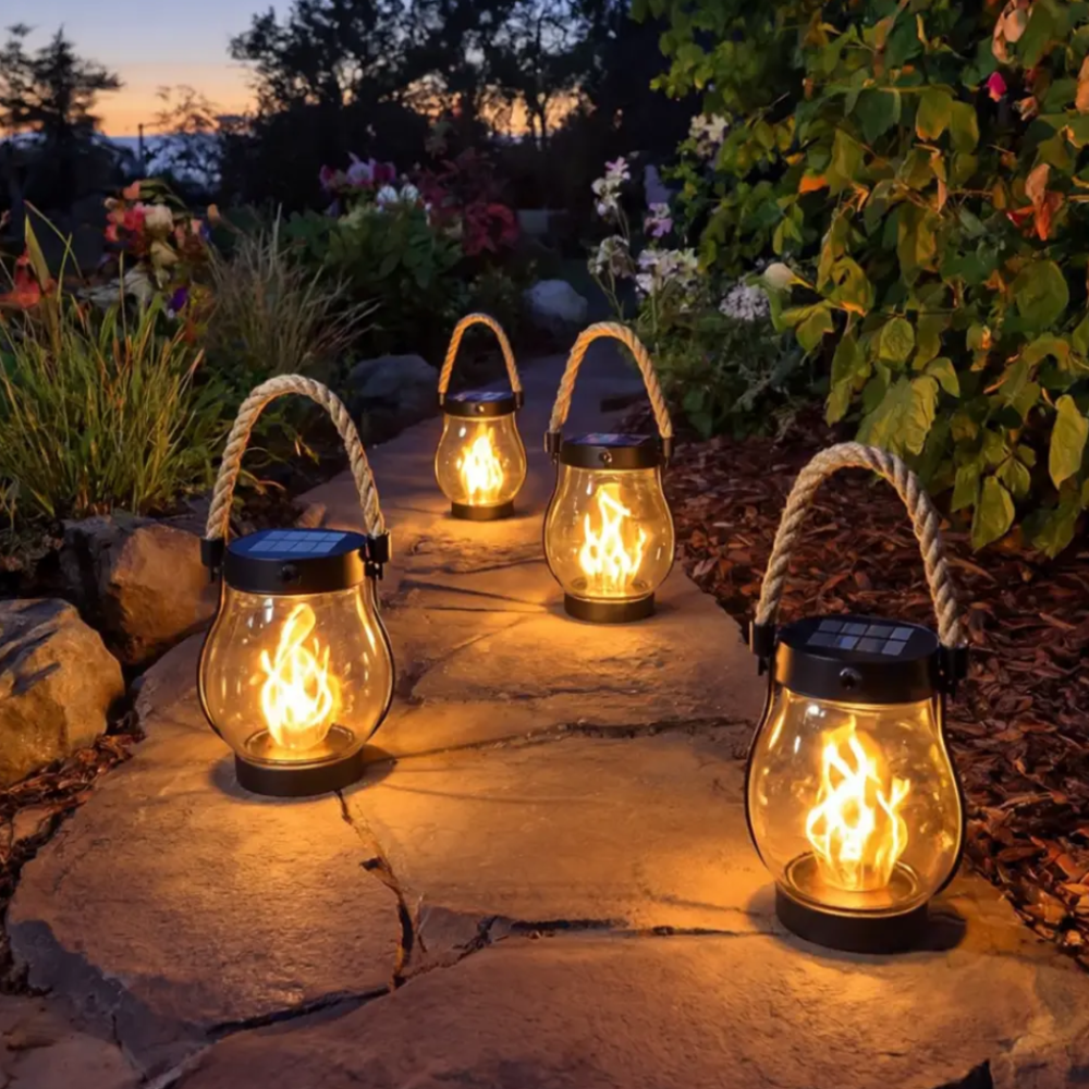 Farol Solar Colgante con Efecto Llama para Jardín Exterior