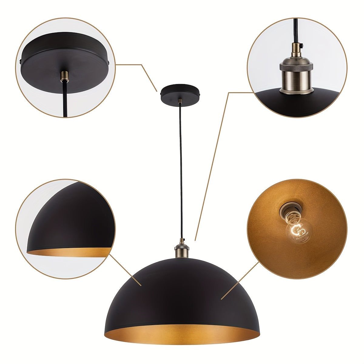 Lámpara Colgante Vintage Industrial de Hierro Negro y Dorado