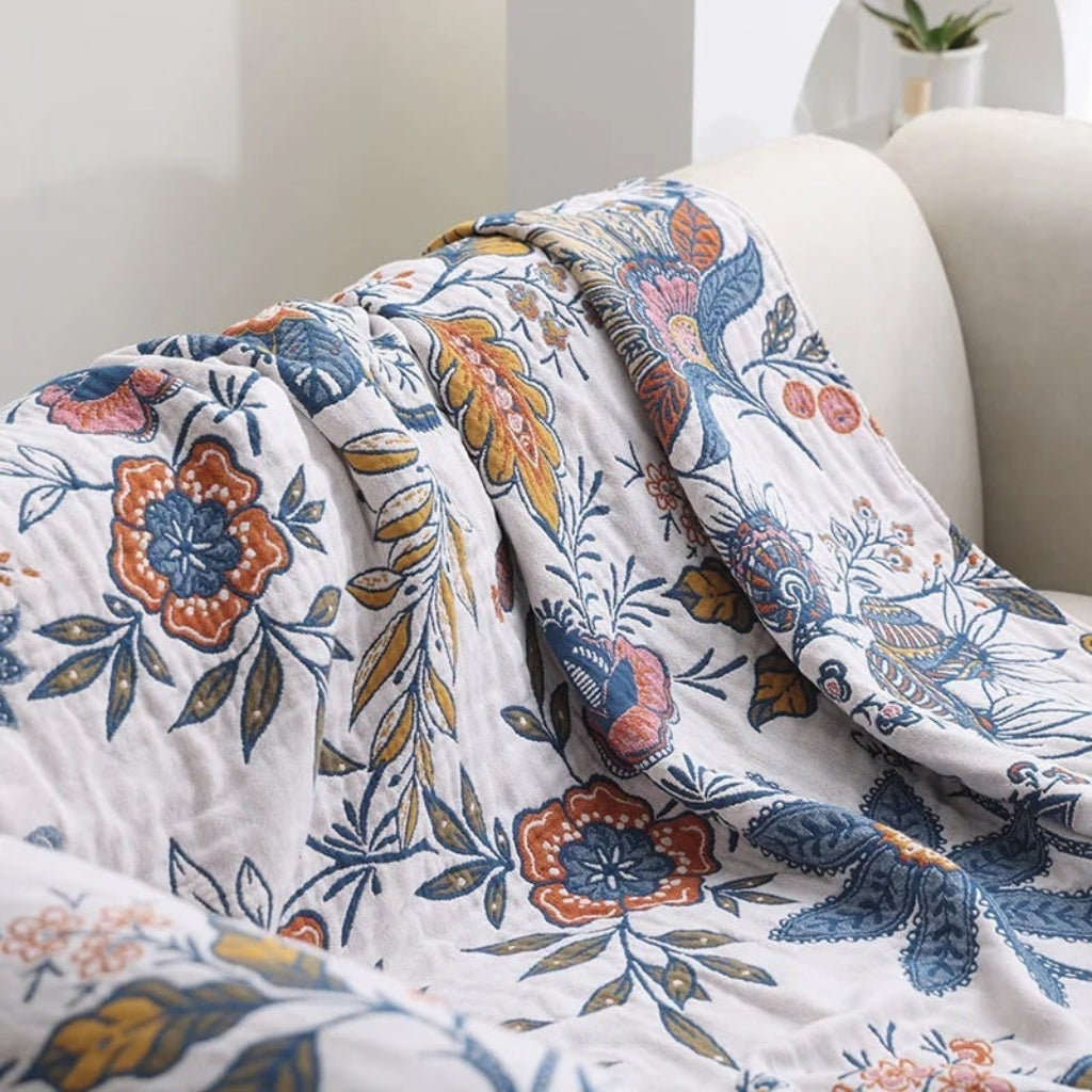 Manta Floral Bohemia Fresca para Sofá, Tacto Refrescante