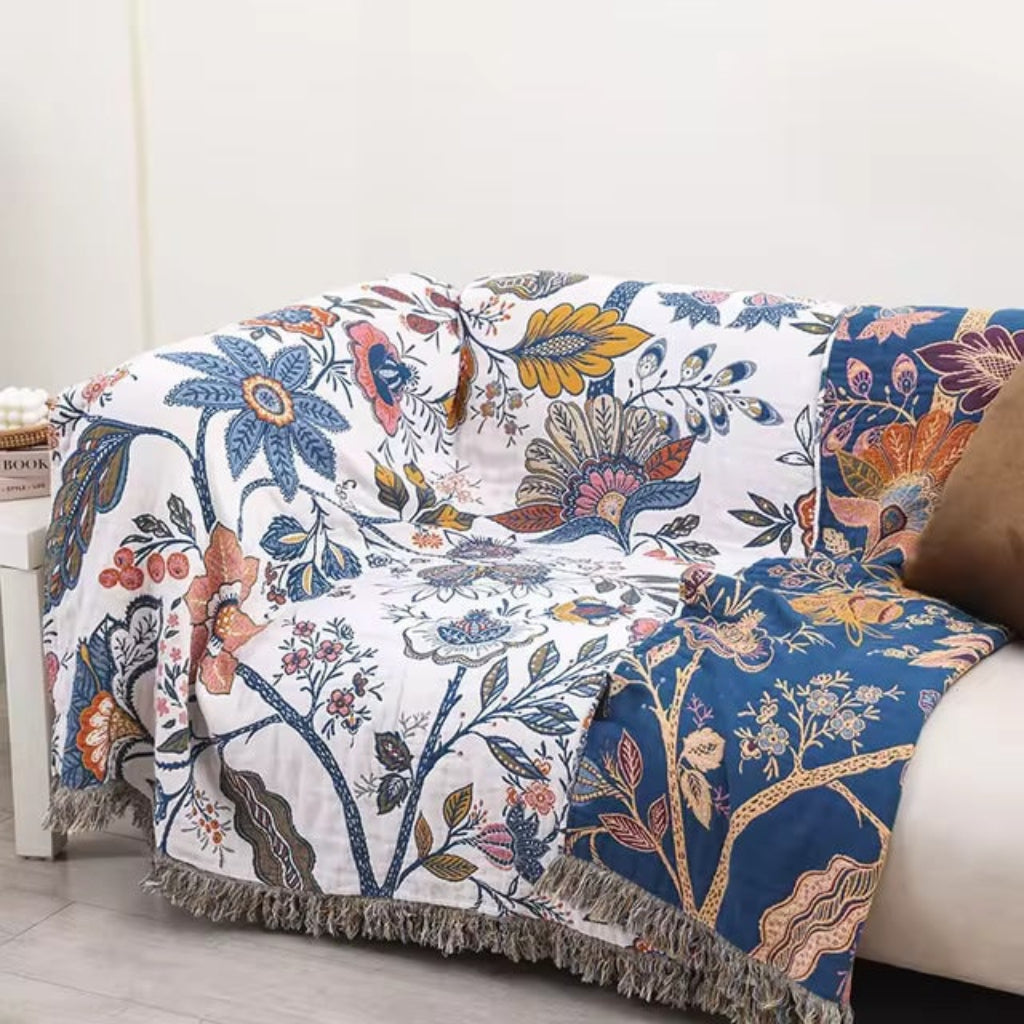 Manta Floral Bohemia Fresca para Sofá, Tacto Refrescante