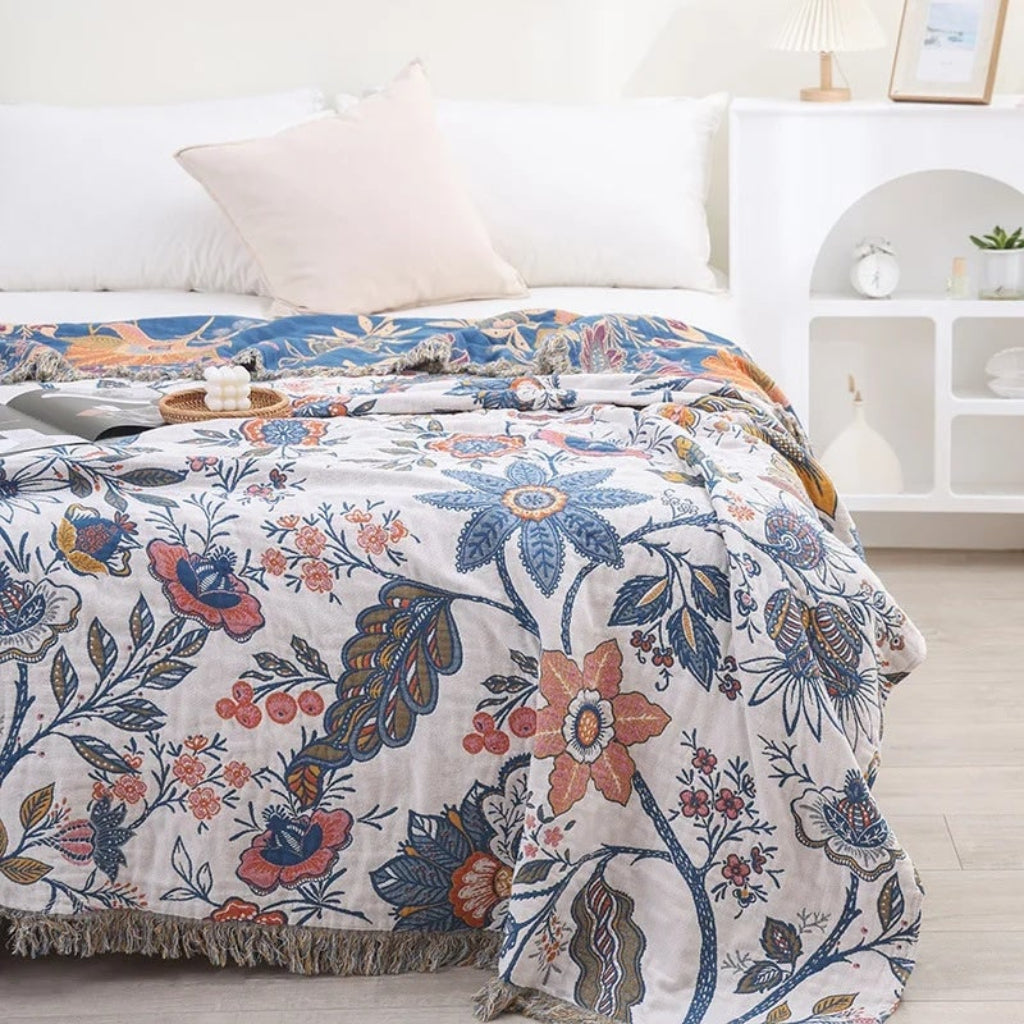 Manta Floral Bohemia Fresca para Sofá, Tacto Refrescante