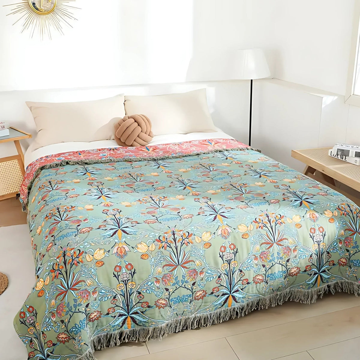 Colcha Reversible de Algodón Tejida Suave con Diseño Floral