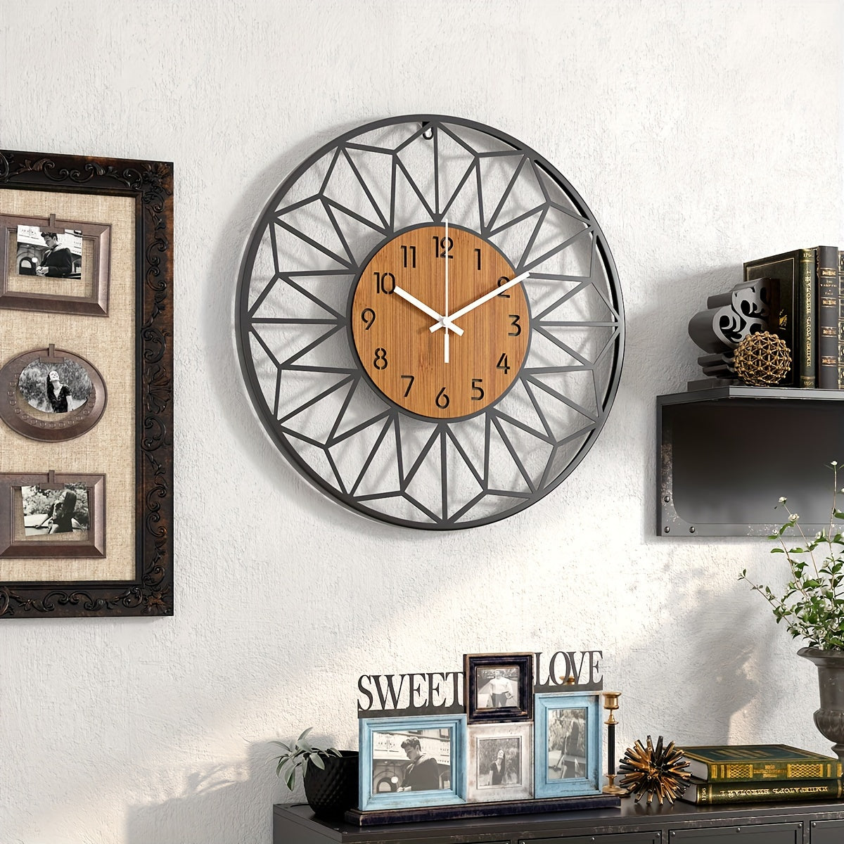 Reloj de Pared Moderno de Metal Negro con Centro de Madera