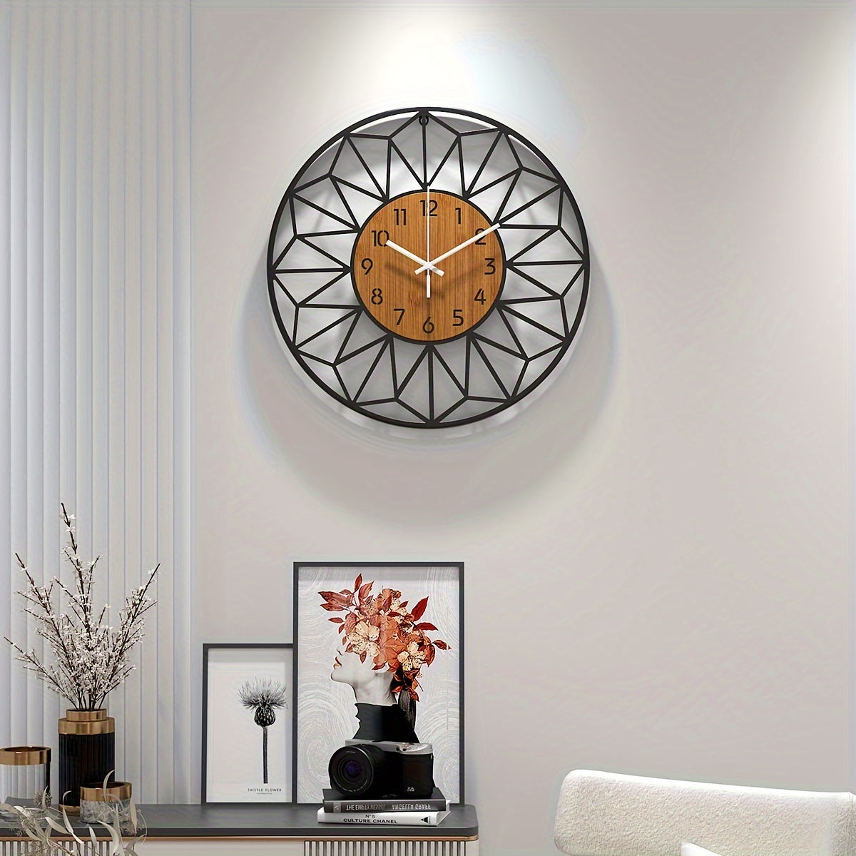 Reloj de Pared Moderno de Metal Negro con Centro de Madera