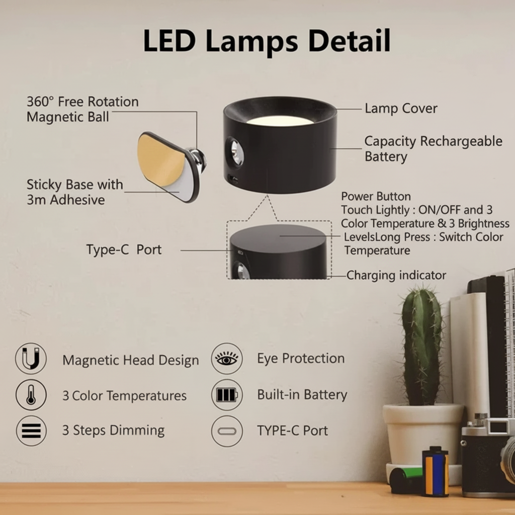 Aplique LED Recargable Magnético Ajustable Sin Cables