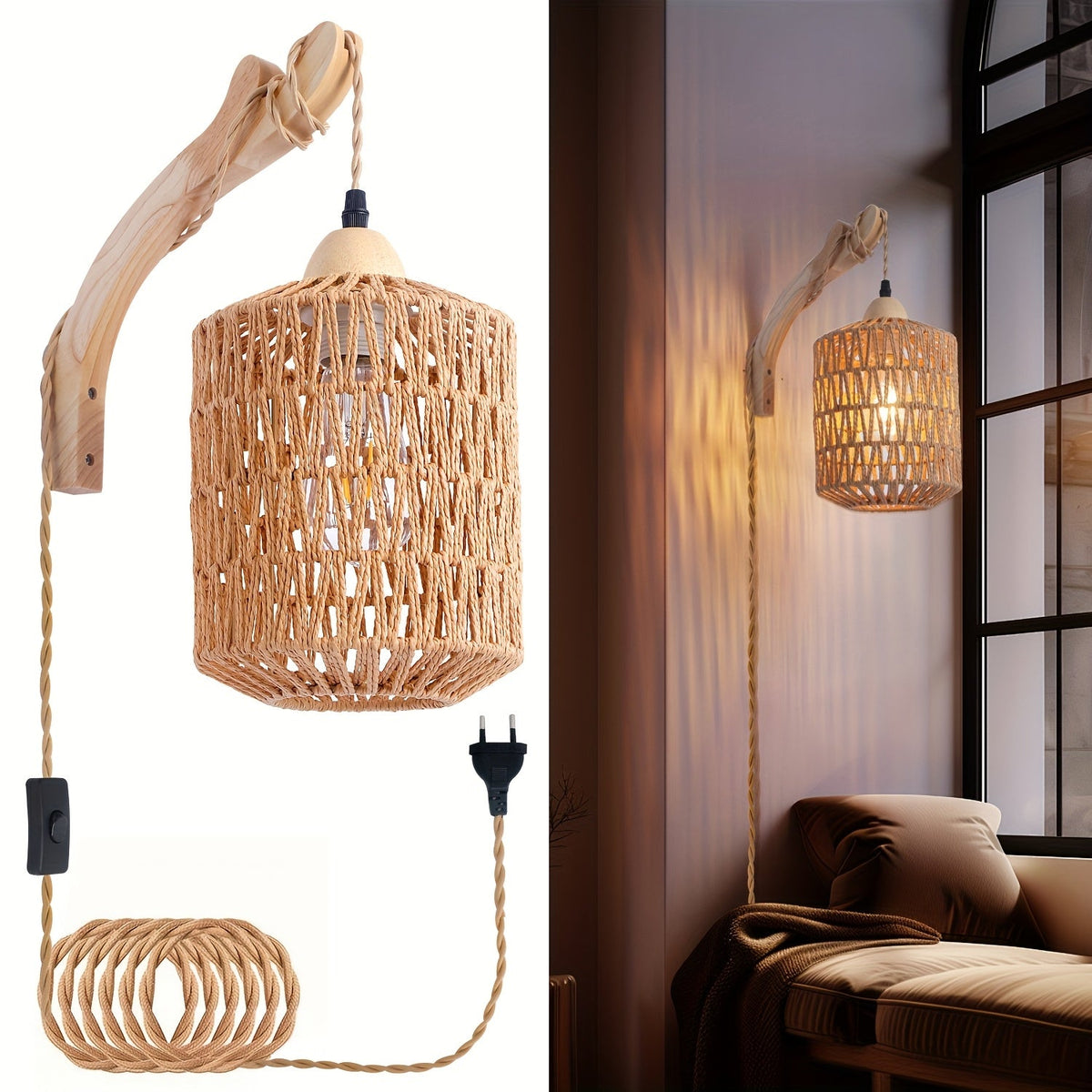 Aplique de Pared Boho de Madera y Ratán Enchufable Tejido