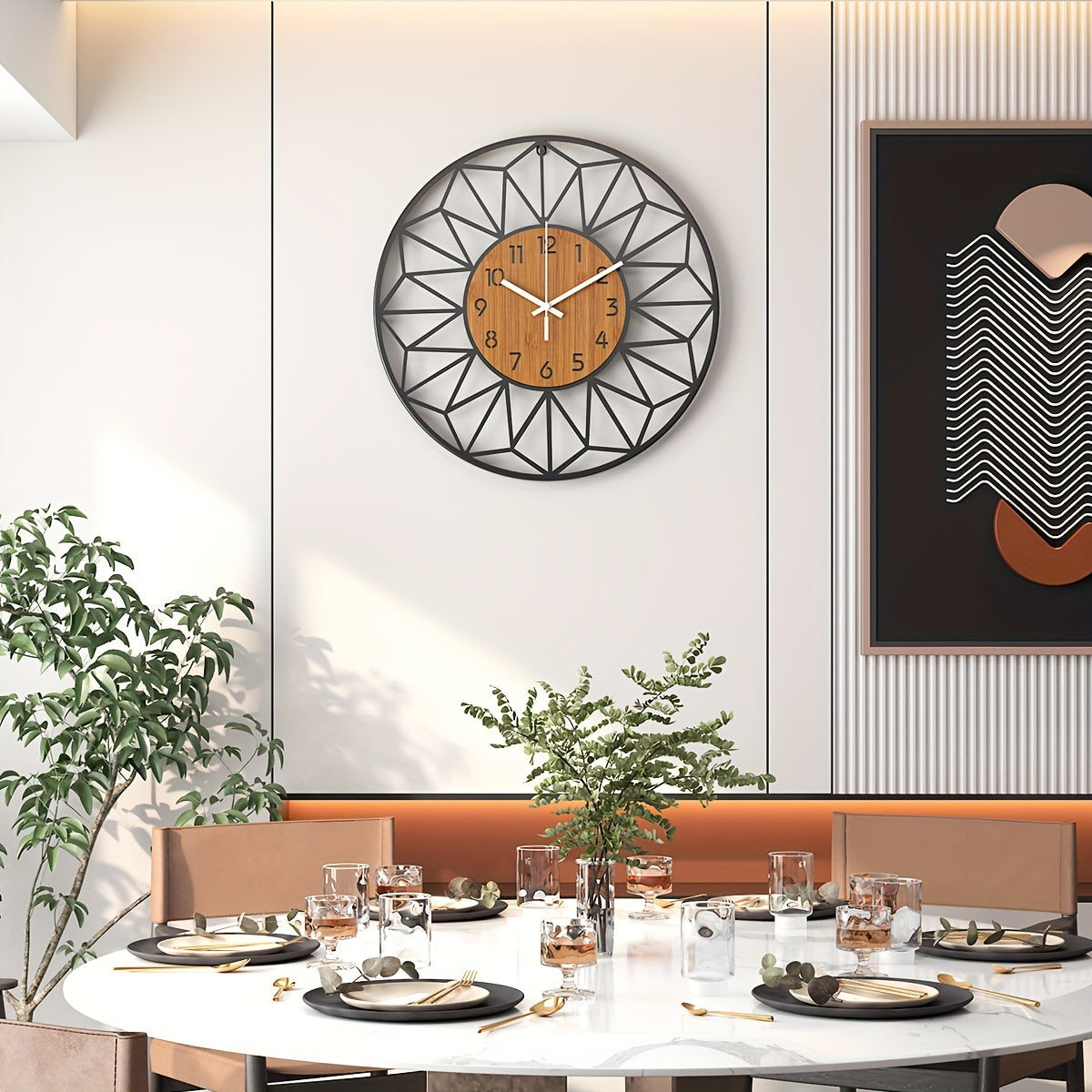 Reloj de Pared Moderno de Metal Negro con Centro de Madera