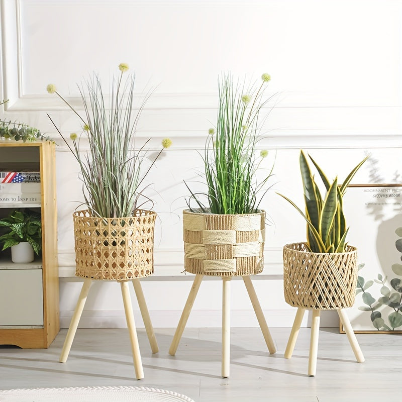 Soporte para Plantas de Bambú Tejido Boho Patas de Madera