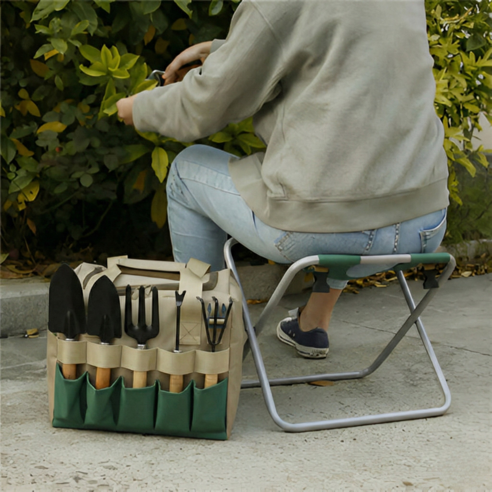 Set de Herramientas de Jardín con Taburete Plegable Portátil
