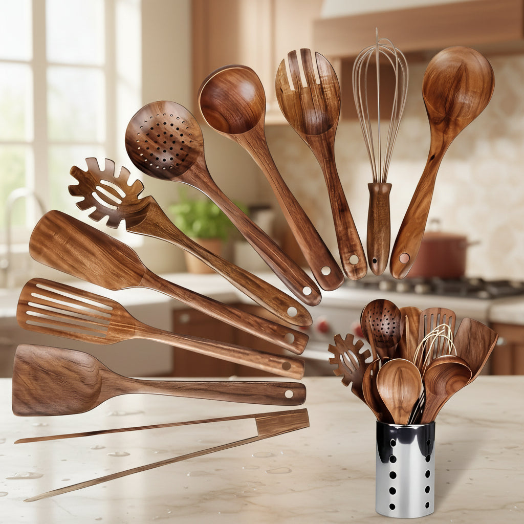 Set de Utensilios de Cocina de Madera Natural Cucharas