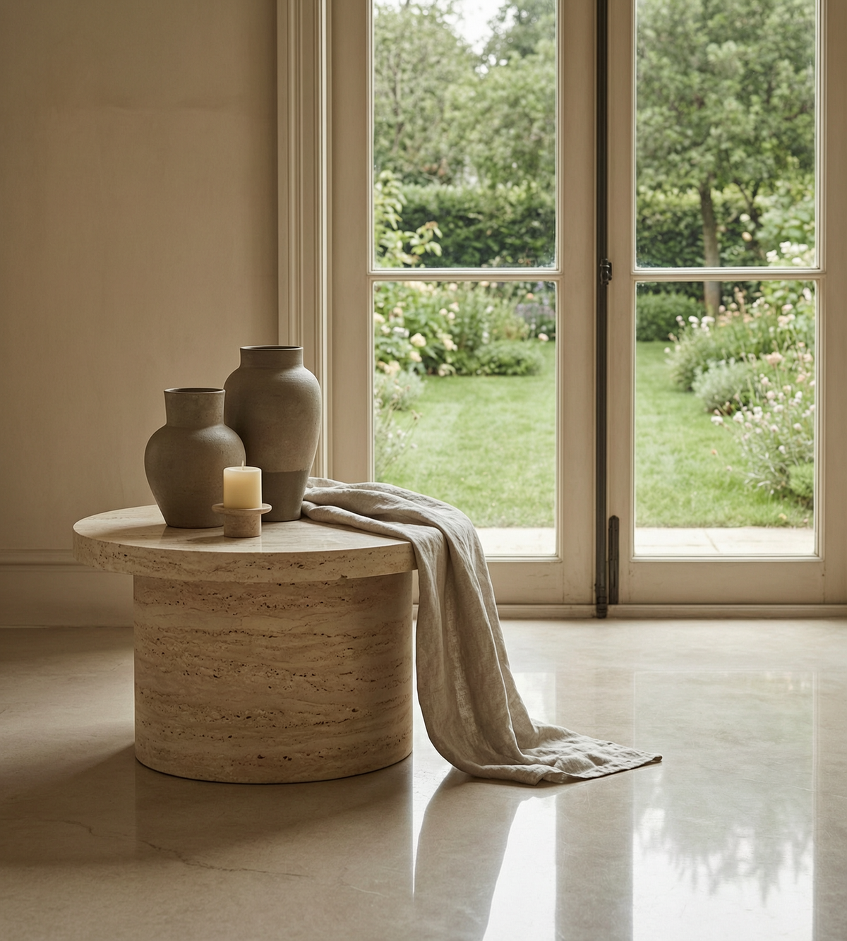 Peana de travertino con cerámicas junto a la ventana