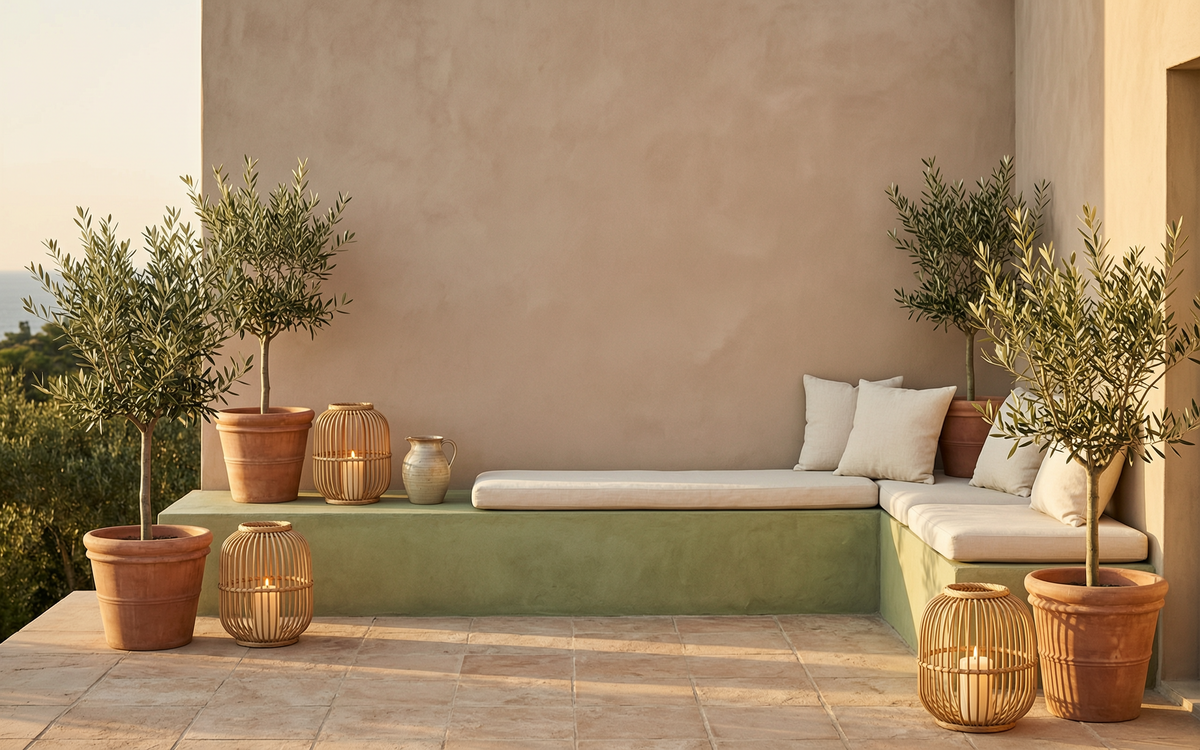 Terraza con farolillos de ratán y maceteros de terracota
