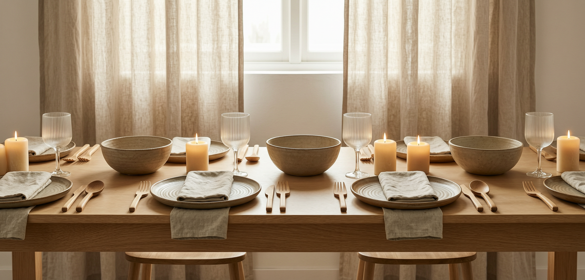 Mesa puesta con vajilla de gres, copas y velas