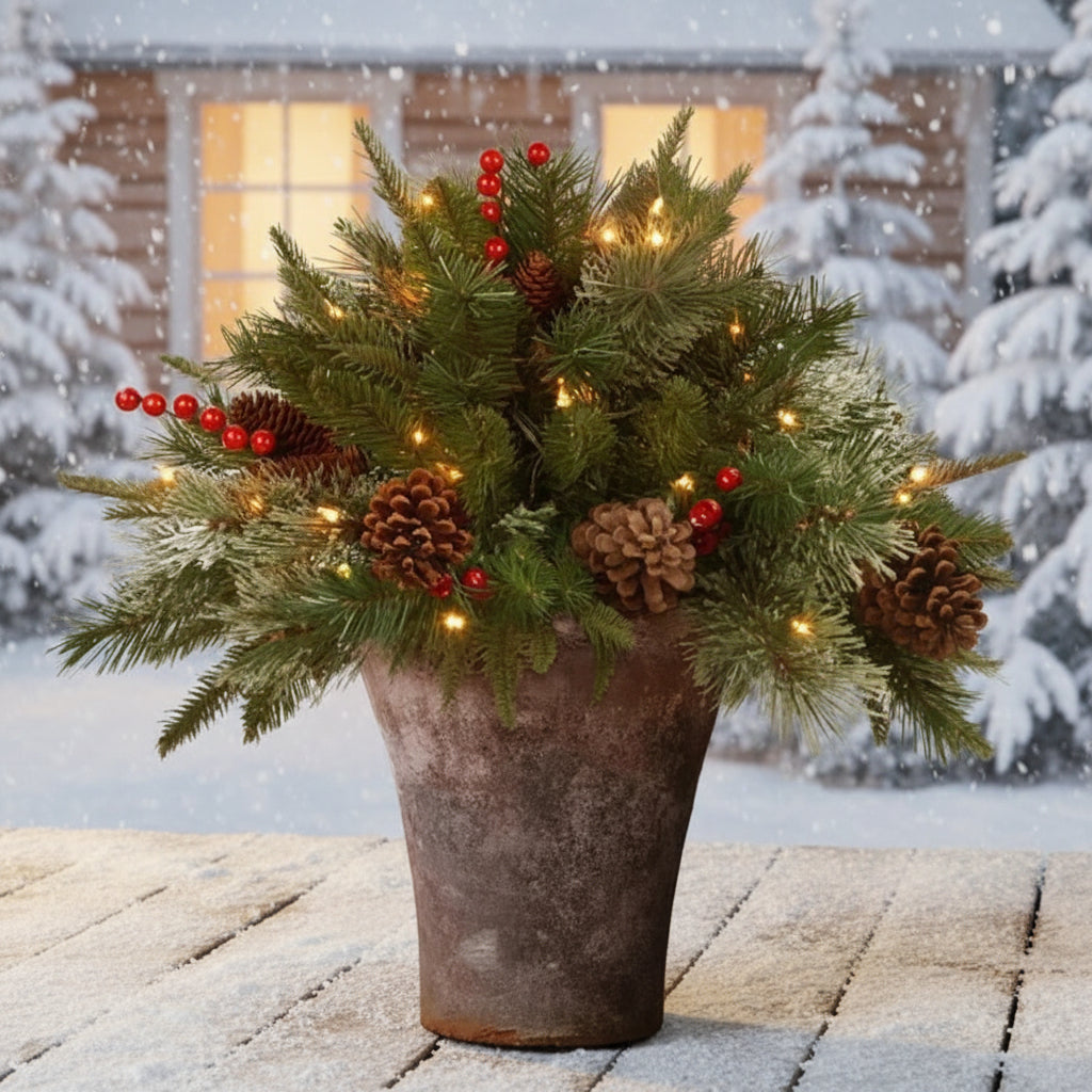 Relleno Navideño para Maceta con Ramas Verdes y Luces LED