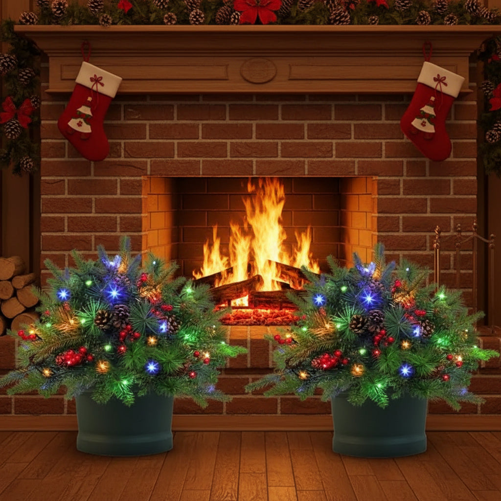 Relleno Navideño para Maceta con Ramas Verdes y Luces LED