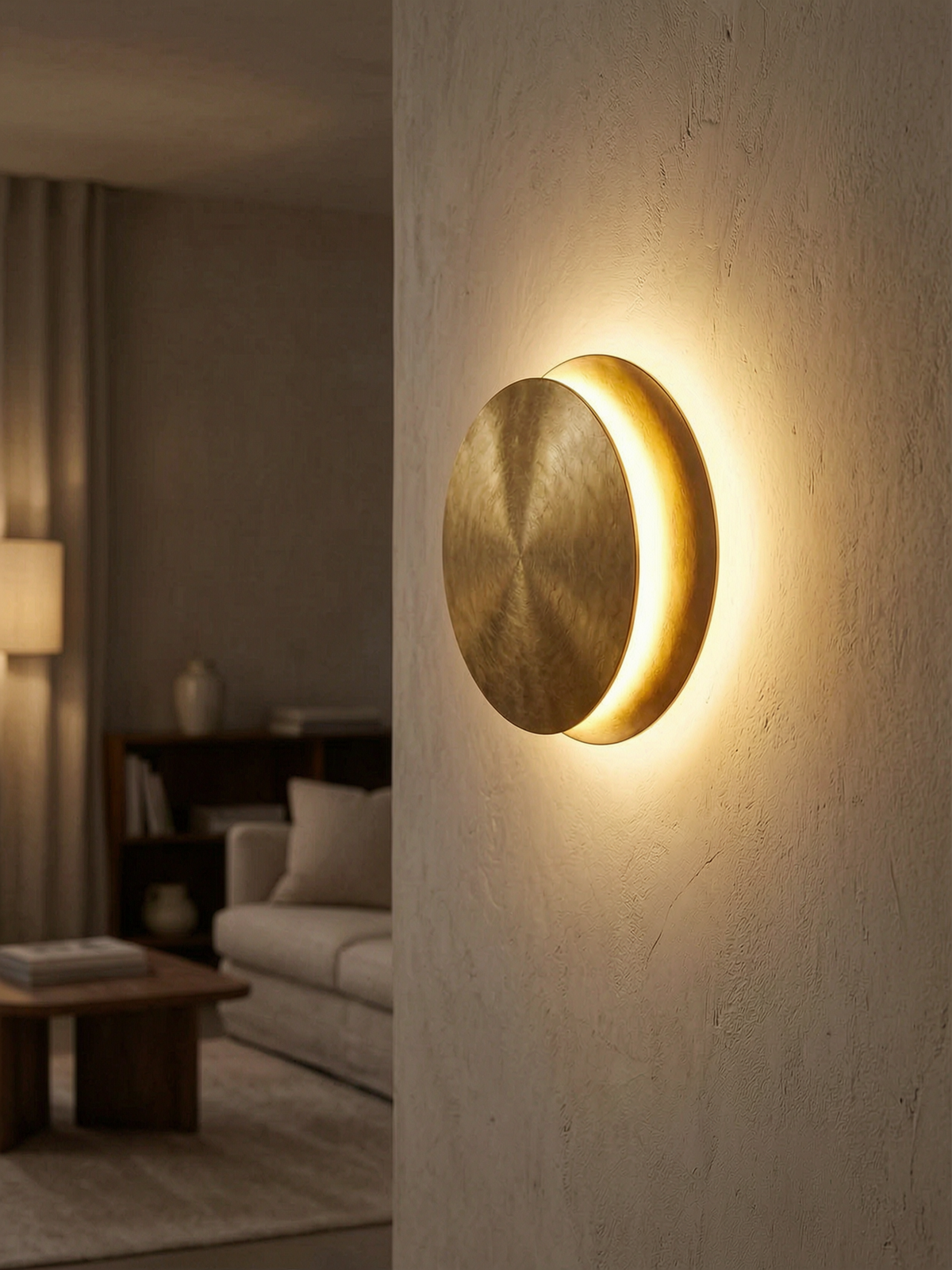 Aplique Lunaris encendido con halo de luz cálida en un salón