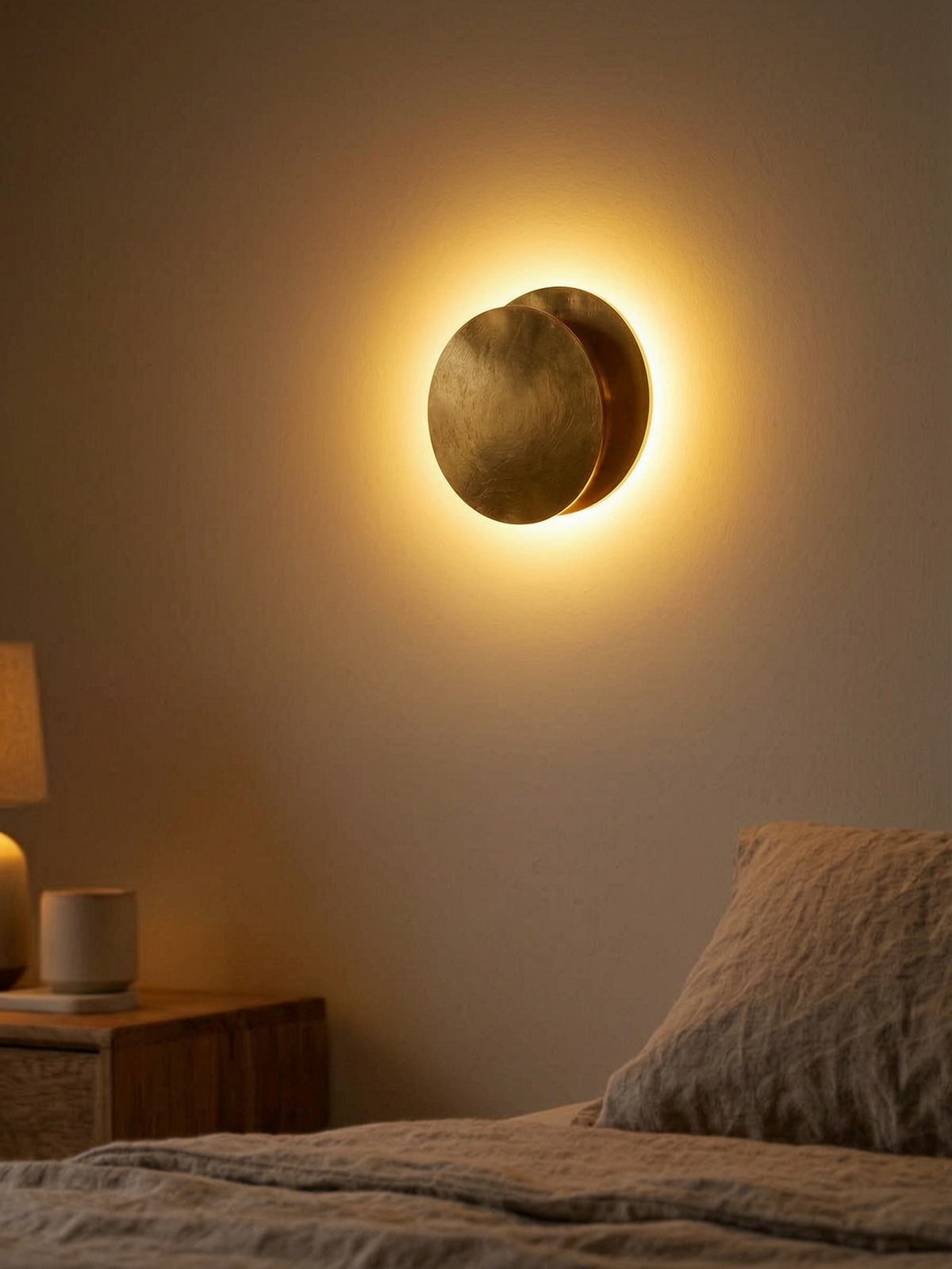 Aplique Lunaris iluminando un dormitorio acogedor por la noche
