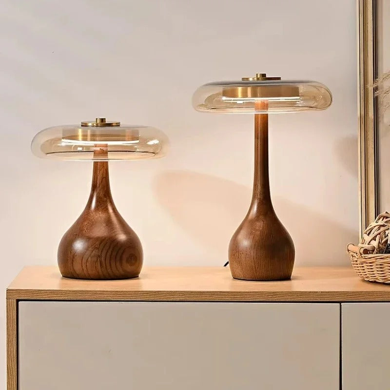 Lámpara de Mesa Andi de Cristal con Latón y Madera de Nogal