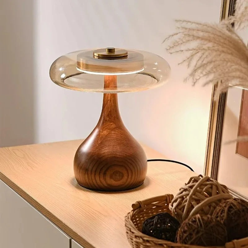 Lámpara de Mesa Andi de Cristal con Latón y Madera de Nogal