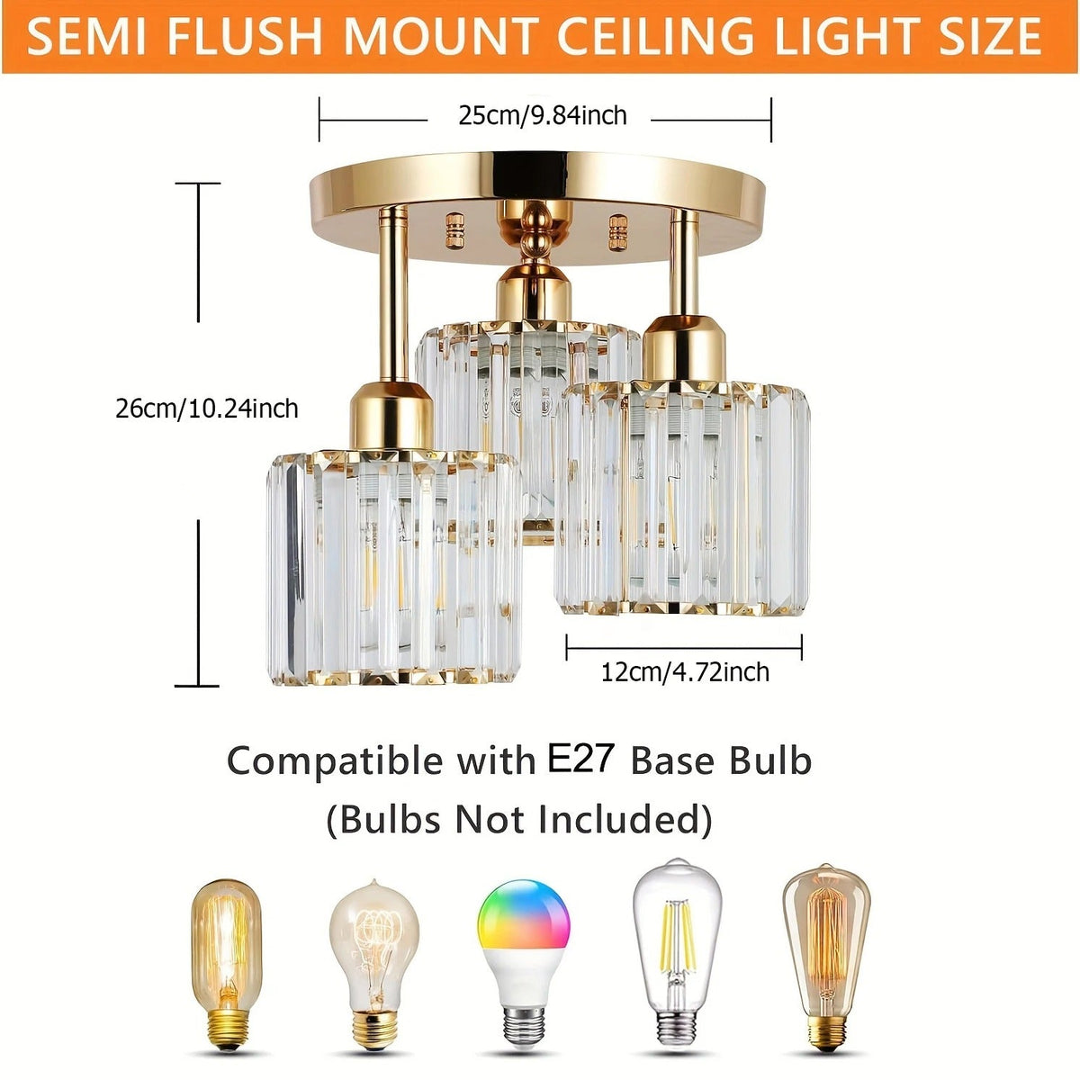 Lámpara de Techo de Cristal de Lujo de 3 Luces Semiempotrada