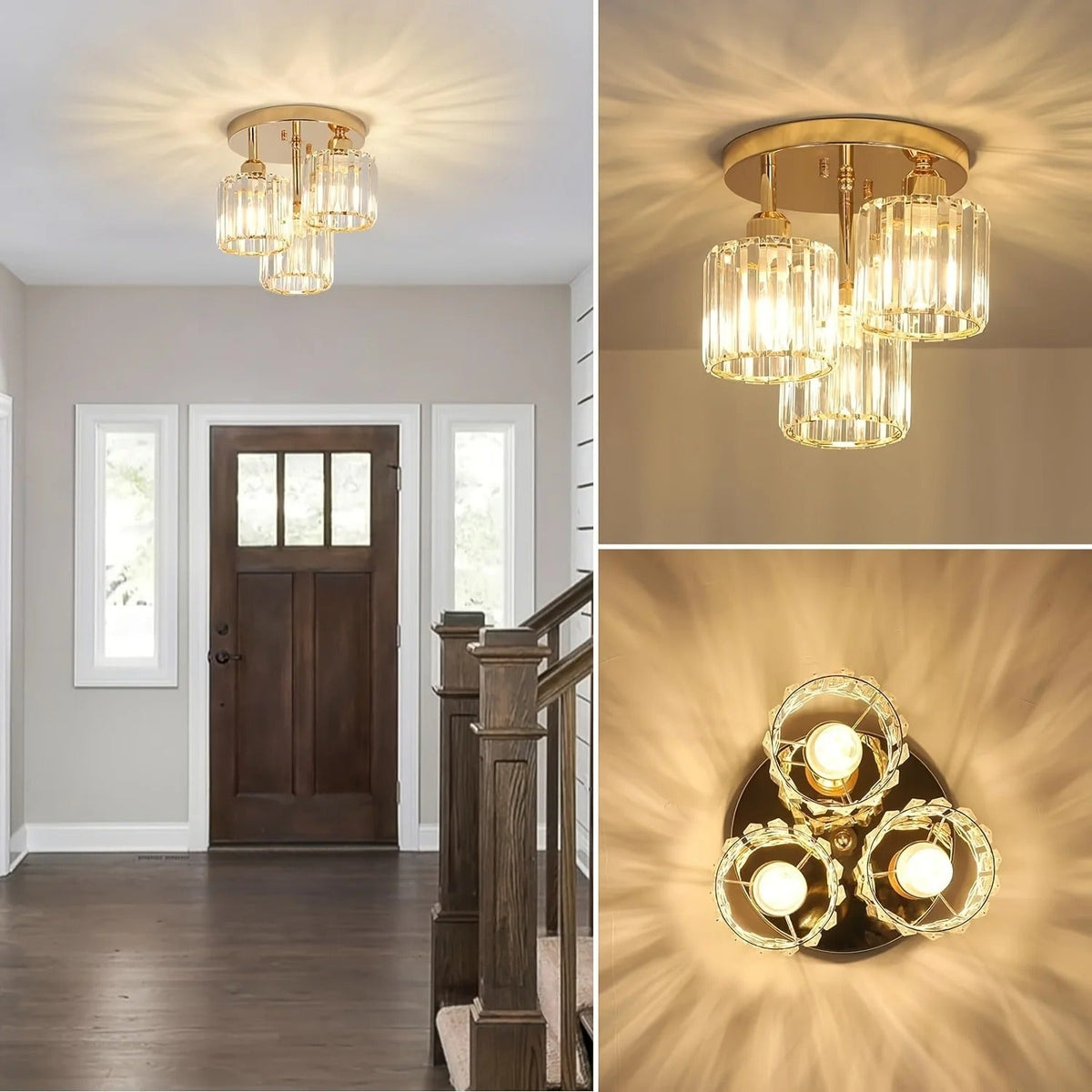 Lámpara de Techo de Cristal de Lujo de 3 Luces Semiempotrada