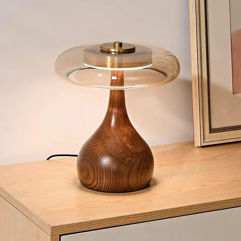 Lámpara de Mesa Andi de Cristal con Latón y Madera de Nogal