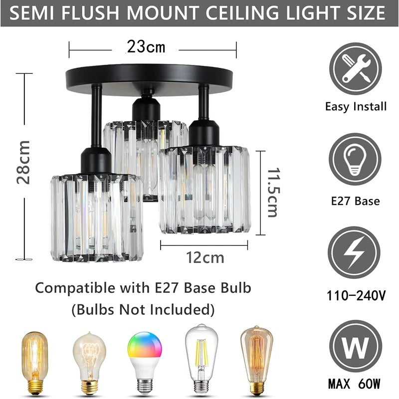 Lámpara de Techo de Cristal de Lujo de 3 Luces Semiempotrada