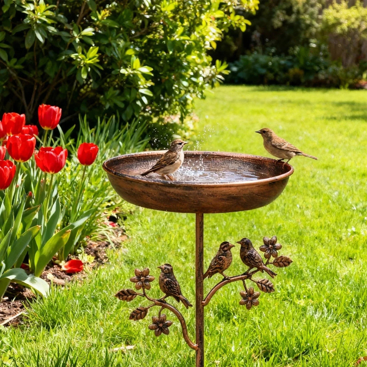 Bebedero para Pájaros de Metal con Pie Decorativo de Jardín