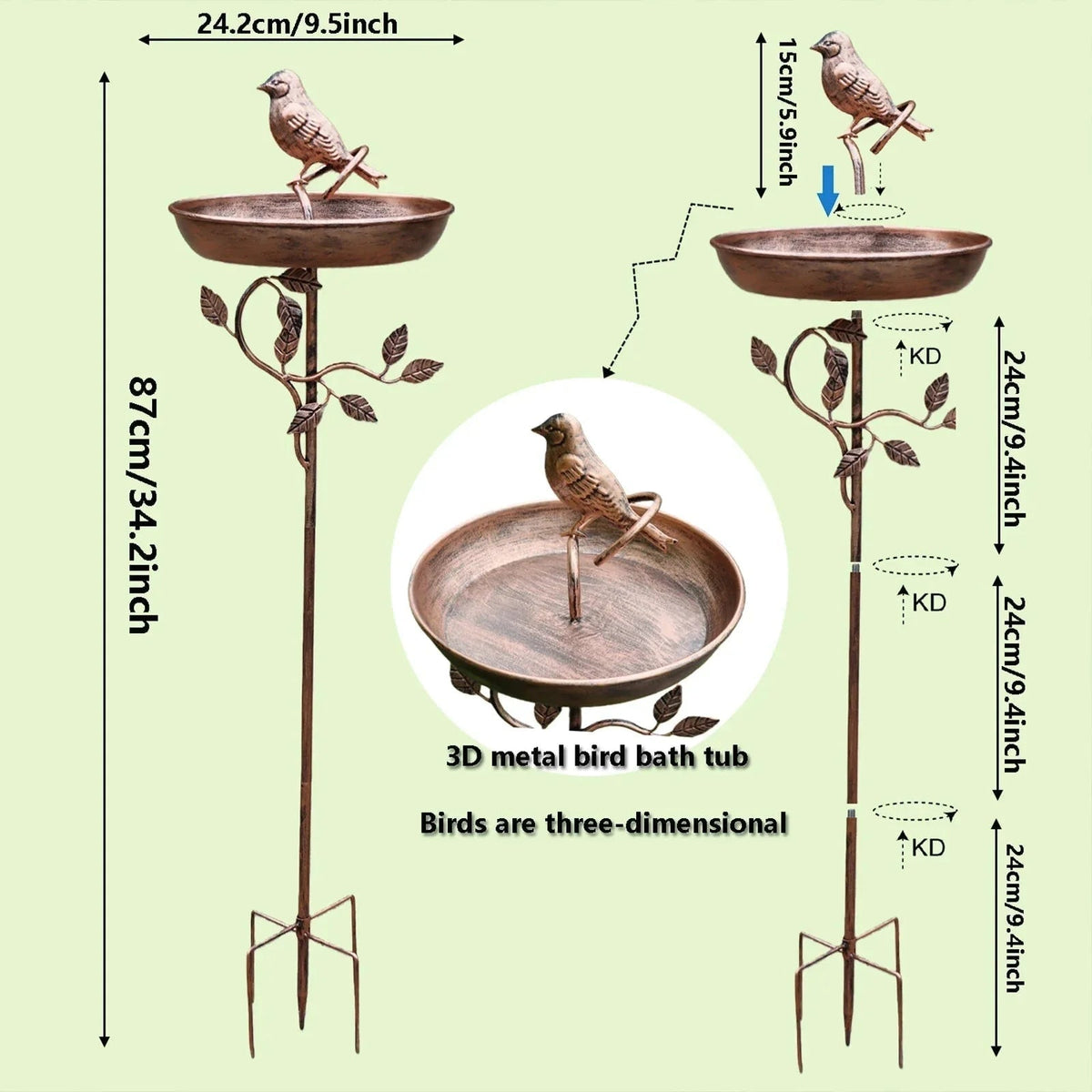 Bebedero para Pájaros de Metal con Pie Decorativo de Jardín