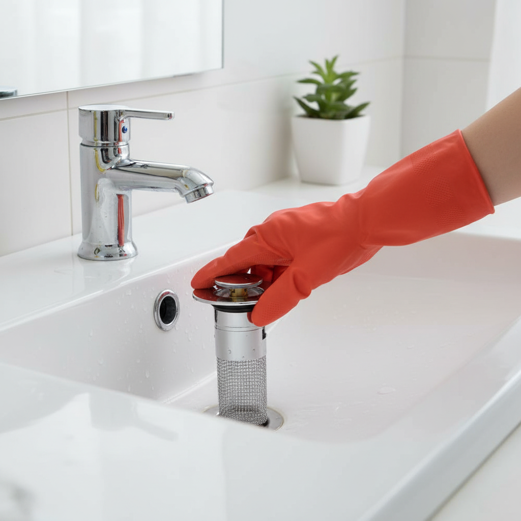 Tapón de Desagüe Push para Lavabo con Cesta Antipelos, Baño