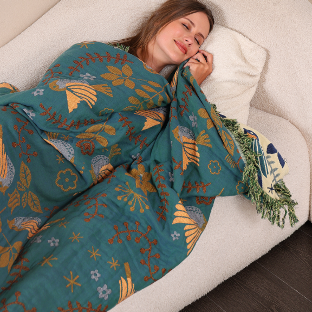 Manta Reversible con Pájaros de Estilo Escandinavo para Sofá