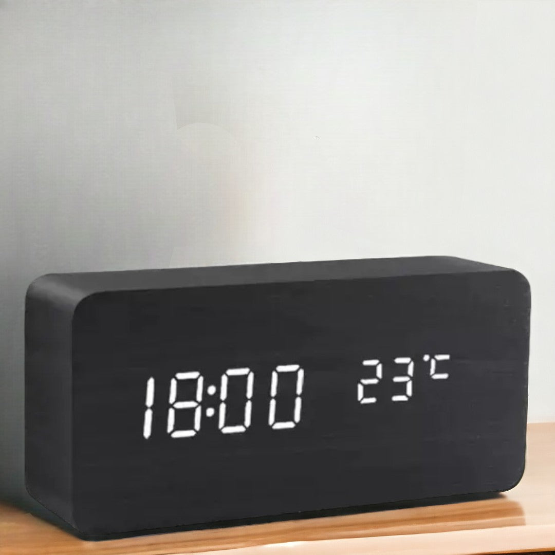 Despertador LED de Madera Inteligente con Control de Voz