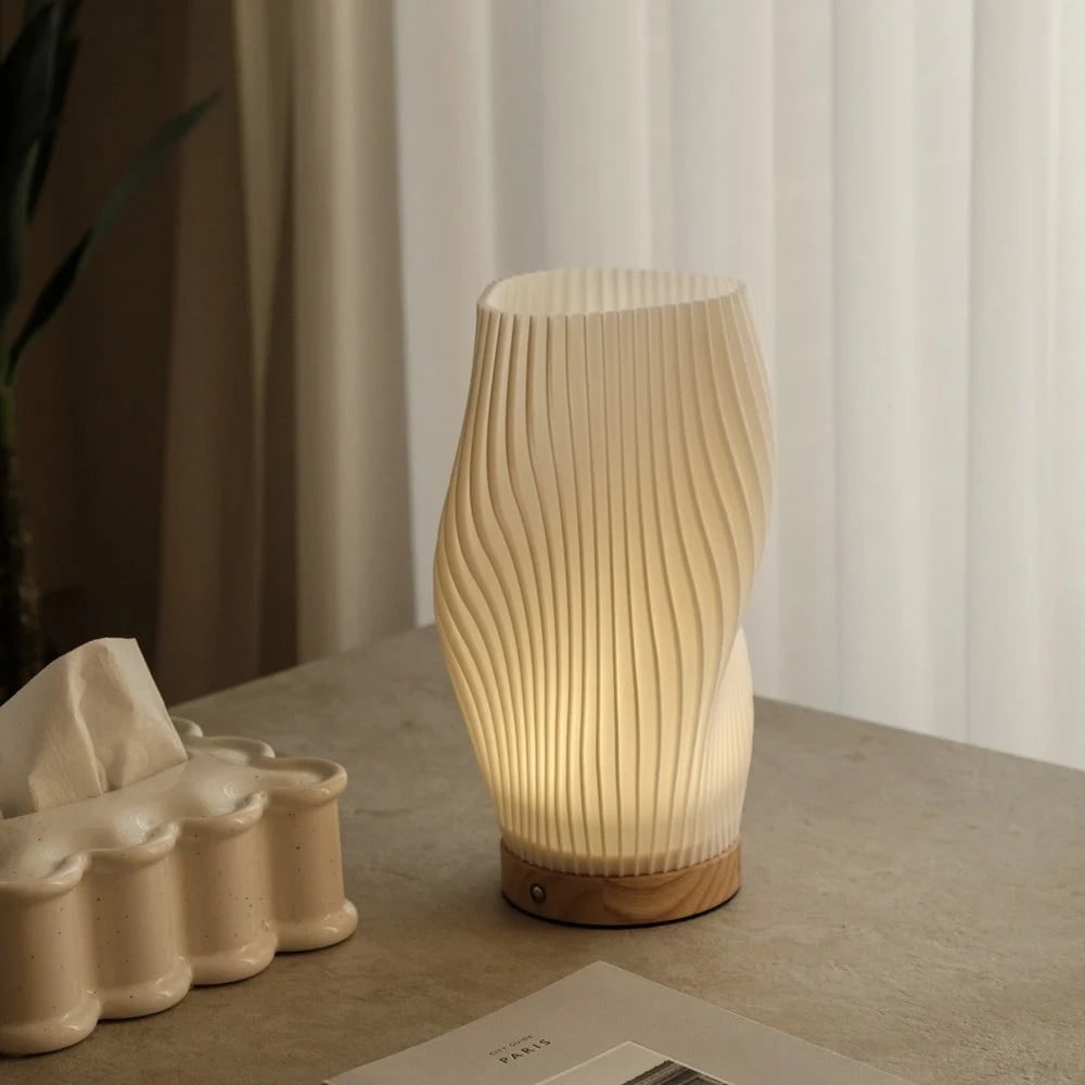 Lámpara de Mesa Onda con Base de Madera LED Regulable USB