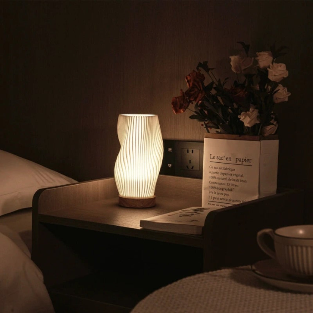 Lámpara de Mesa Onda con Base de Madera LED Regulable USB