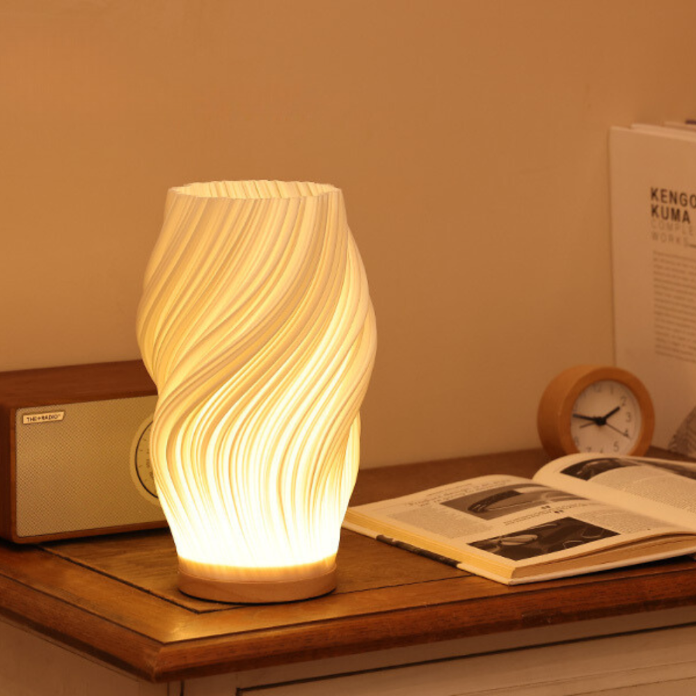 Lámpara de Mesa Onda con Base de Madera LED Regulable USB