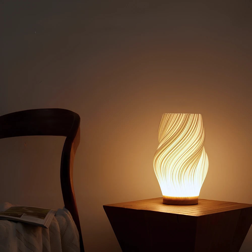 Lámpara de Mesa Onda con Base de Madera LED Regulable USB