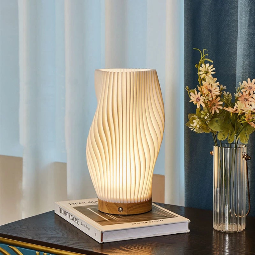 Lámpara de Mesa Onda con Base de Madera LED Regulable USB