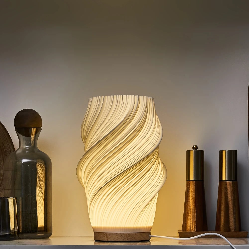 Lámpara de Mesa Onda con Base de Madera LED Regulable USB