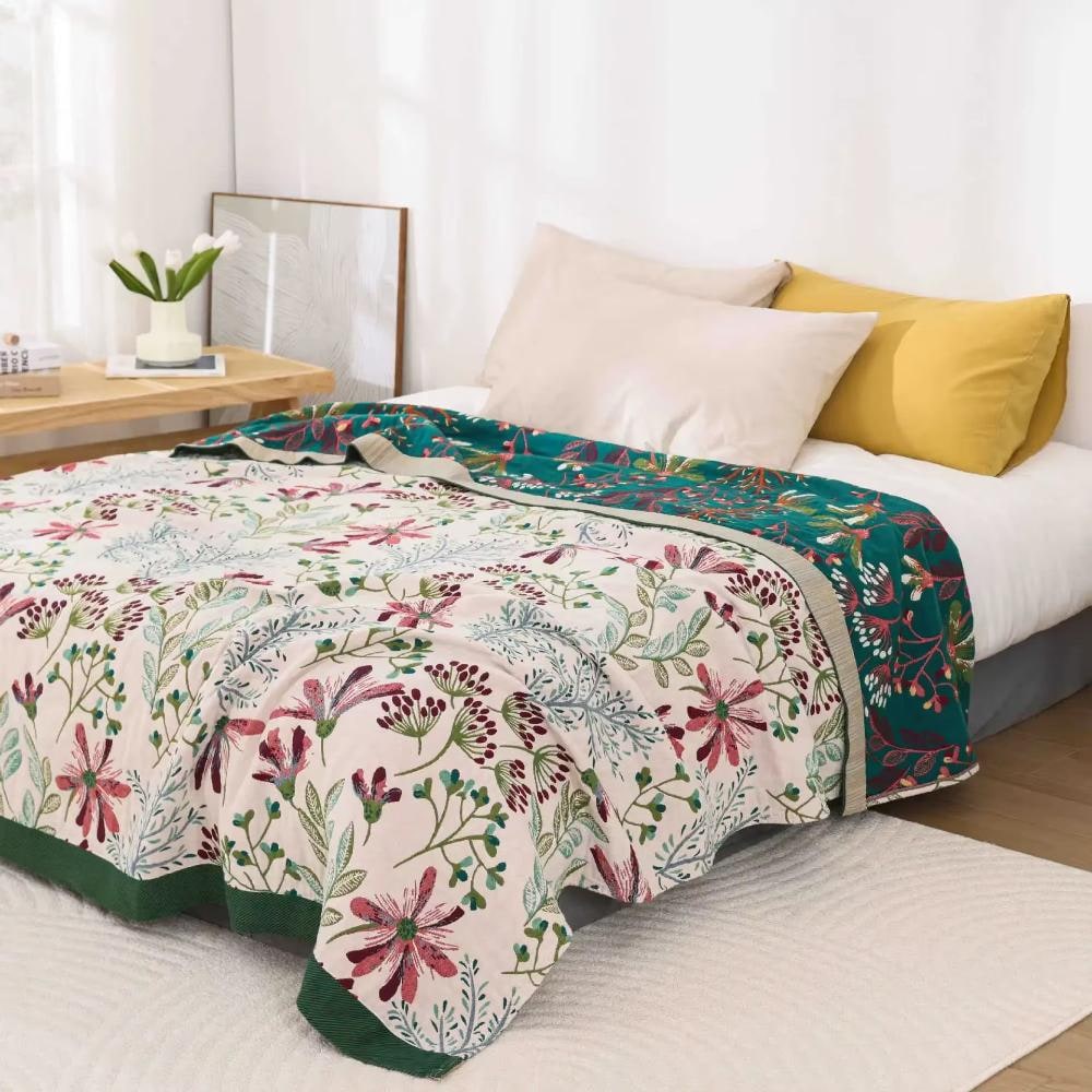 Manta de Algodón Esponjosa con Diseño Floral, Verde o Blanca